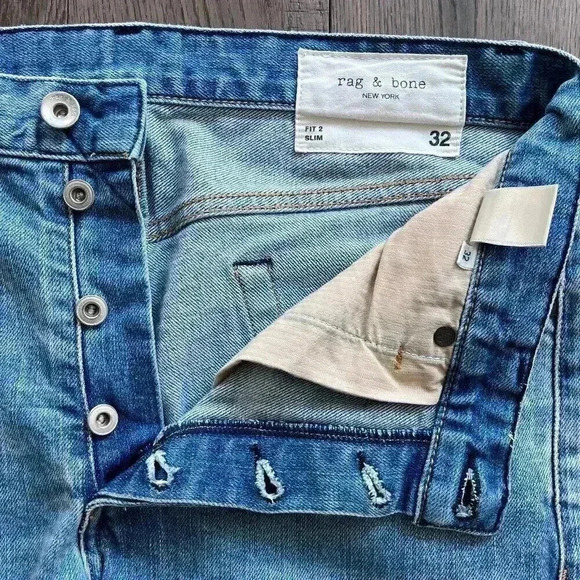 Rag & Bone Fit 2 Slim High Rise Button Fly Size 32 Straight Denim in Fire Island - Picture 2 of 8